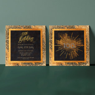 Convites Elegante Black Dourado Glitter 100th Festa de aniv