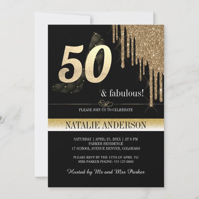 Convites Elegante Black Dourado Glitter 50th Festa de anive (Frente)