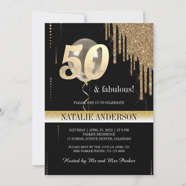 Convites Elegante Black Dourado Glitter 50th Festa de anive (Frente)