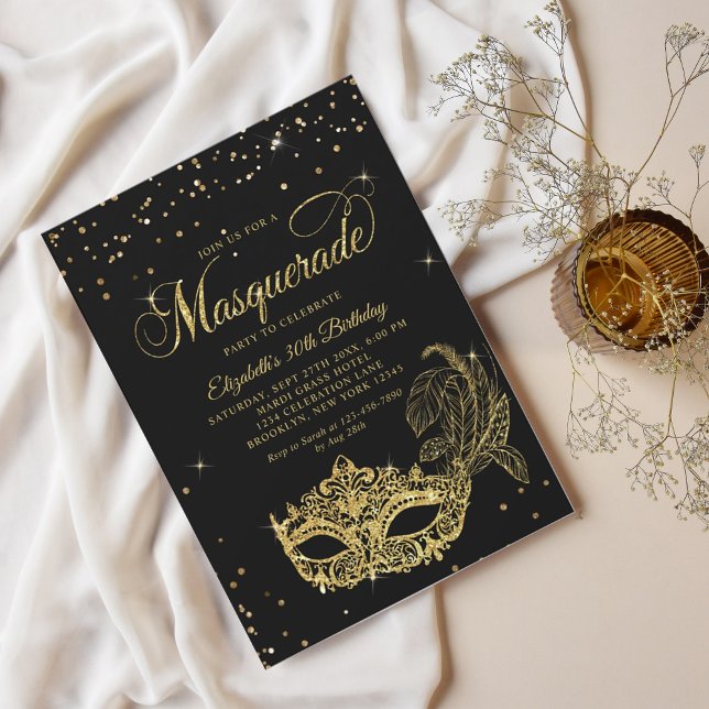 Convites Elegante Black Dourado Glitter Mascarada Aniversár (Criador carregado)