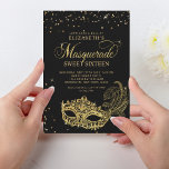 Convites Elegante Black Dourado Glitter Mascarada Doce 16<br><div class="desc">Design apresenta uma máscara brilhante de mascarada com brilho dourado com configuração dourada.</div>