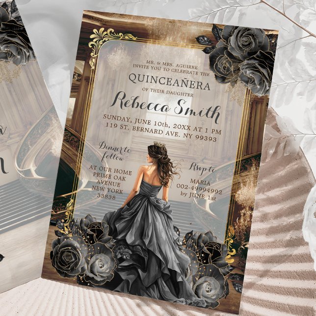 Convites Elegante Black Dourado Grand Ballroom Princess 15  (Criador carregado)