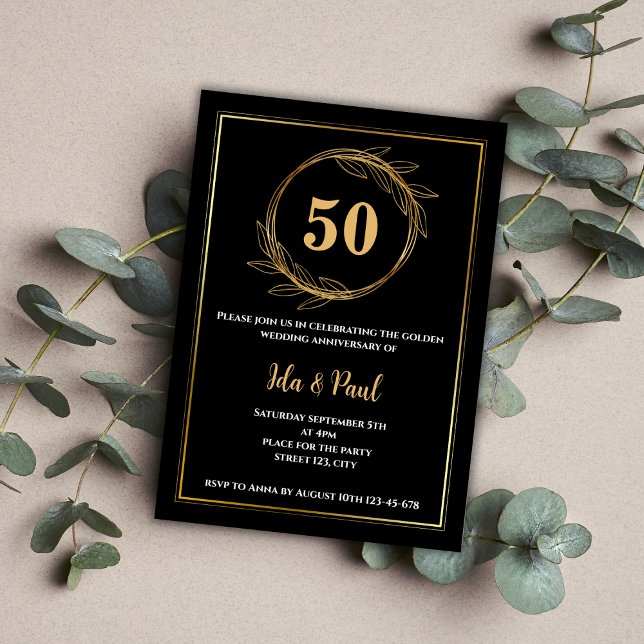 Convites Elegante Black Dourado Leaf 50º Aniversário de Cas (Elegant Black Gold Leaf 50th Wedding Anniversary Invitation)