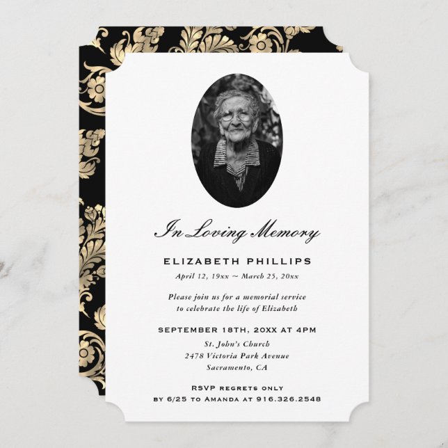 Convites Elegante Black Dourado Photo Memorial (Frente/Verso)