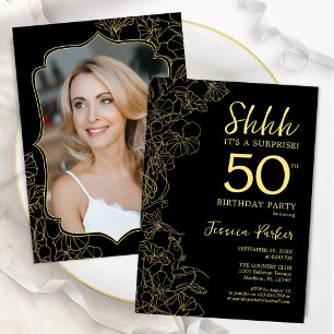 Convites Elegante Black Dourado Photo Surprise 50th Birthda