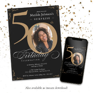 Convites Elegante Black Dourado Photo Surprise 50th Birthda