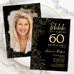 Convites Elegante Black Dourado Photo Surprise 60th Birthda<br><div class="desc">Elegante convite de aniversário preto e dourado 60º com sua foto na parte de trás do cartão. A moderna design feminina moderna tem sotaques botânicos e letra de script de tipografia. Simples cartão de convite floral perfeito para uma festa surpresa na moda. Pode ser personalizado para qualquer idade. Impressos convites...</div>
