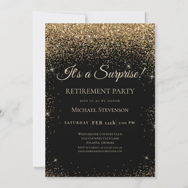 Convites Elegante Black Dourado Surprise Retirement Party (Frente)