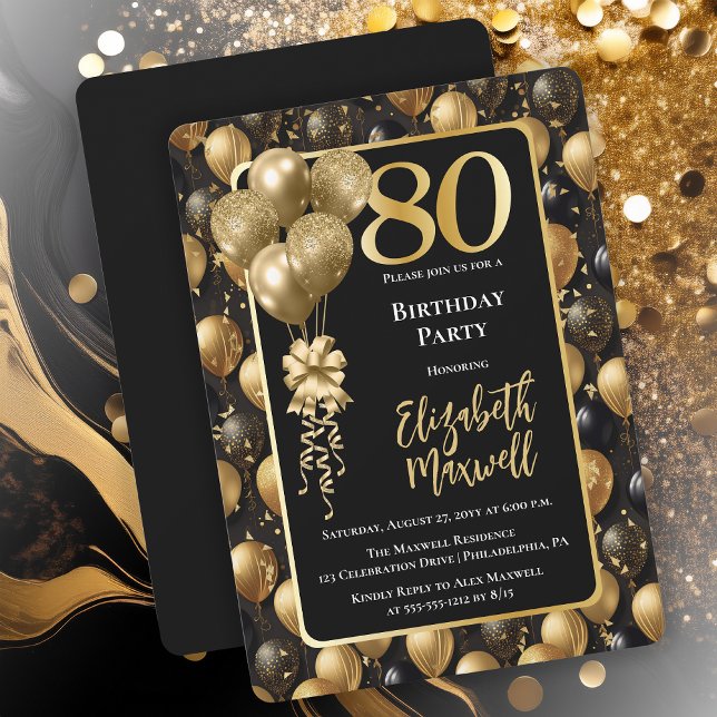 Convites Elegante Black Glitter Balloons 80 de Balões Doura (Elegant Black Gold-Tone Faux Glitter Balloons Pattern 80th Birthday Party Invitation 
Print Digital)