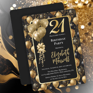 Convites Elegante Black Glitter Balloons aniversário de 21