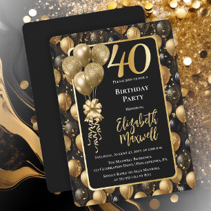 Convites Elegante Black Glitter Balloons aniversário de 40