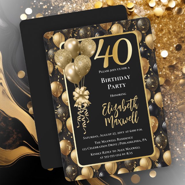 Convites Elegante Black Glitter Balloons aniversário de 40  (Elegant Black Gold-Tone Faux Glitter Balloons Pattern 40th Birthday Party Invitation 
Print Digital)