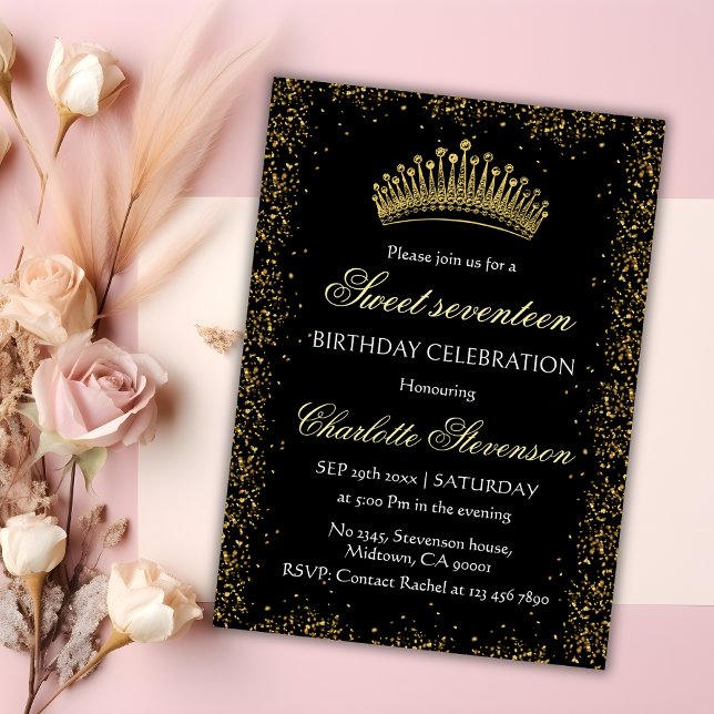 Convites Elegante Black Glitter Dourado Crown Sweet 17 Aniv (Criador carregado)