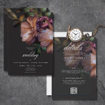 Convites Elegante Black Moody Floral Tudo Em Um<br><div class="desc">ESTE É UM CONVITE TODO NUM, COM DETALHES DE RECEPÇÃO E INFORMAÇÕES ADICIONAIS NO VERSO. Celebre o amor na elegância do eterno. Nosso convite de casamento cativante apresenta um sofisticado fundo preto, a paleta perfeita para um buquê cativante. Imaginem um arranjo de esquina, reminiscente de uma obra-prima barroca, pintada em...</div>