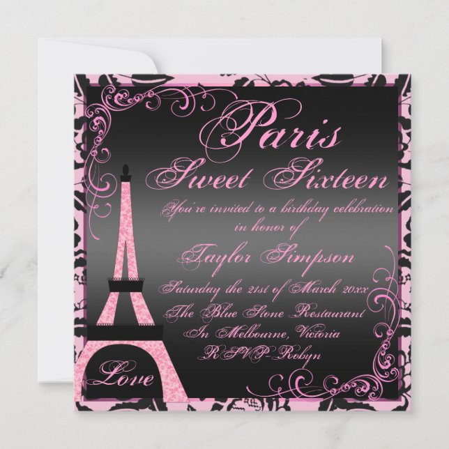 Convites Elegante Black & Pink Paris Sweet16 Aniversário (Frente)