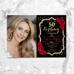 Convites Elegante Black Red Photo 50th Birthday<br><div class="desc">Elegante convite de 50 anos florais com sua foto. Design vermelho preto de vidro com ouro brilhante. Apresenta rosa vermelha, fonte de script e confetti. Perfeito para uma festa de comemoração de na moda adulto. Personalize com seus próprios detalhes. Pode ser personalizado para qualquer idade! Impressos convites Zazzle ou modelo...</div>