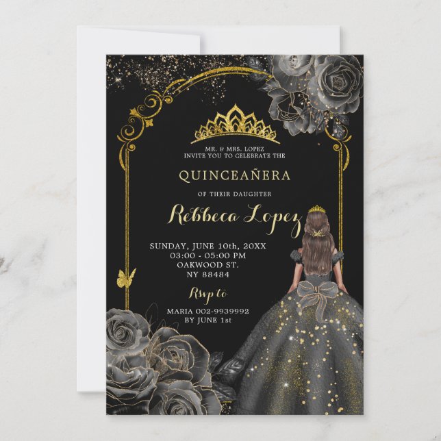 Convites Elegante Black Rosa e Dourada Princesa Quinceañera (Frente)