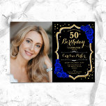 Convites Elegante Black Royal Blue Photo 50º aniversário<br><div class="desc">Elegante convite de 50 anos florais com sua foto. Design azul real preto de vidro com ouro brilhante falso. Apresenta rosas azuis de safira, fonte de script e confetti. Perfeito para uma festa de comemoração de na moda adulto. Personalize com seus próprios detalhes. Pode ser personalizado para qualquer idade! Impressos...</div>
