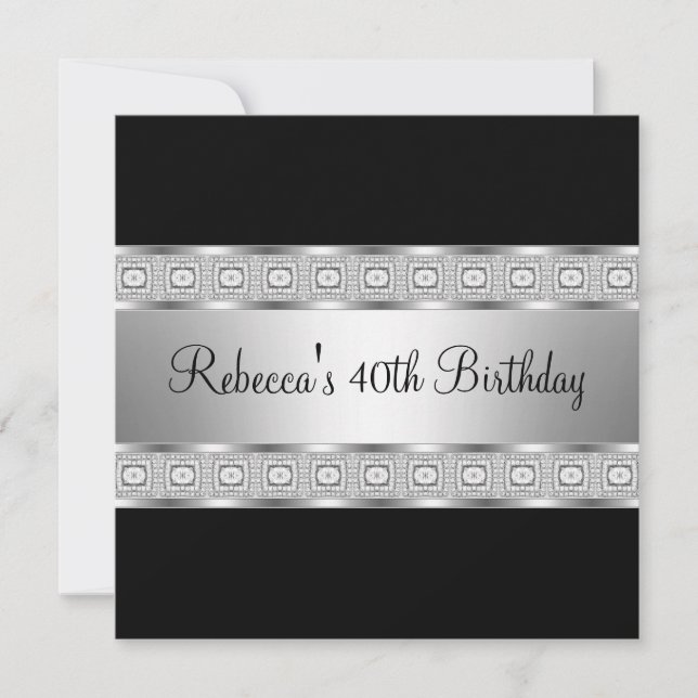 Convites Elegante Black Silver Jewel aniversário de 40 anos (Frente)