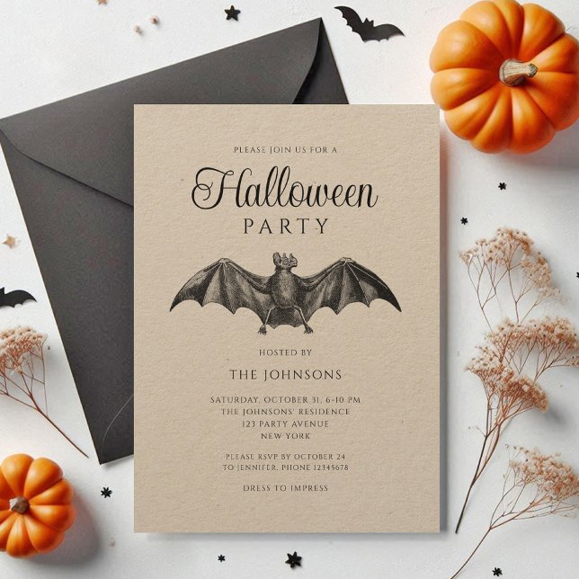 Convites Elegante Black Vintage Bat Halloween (Elegant Black Vintage Bat Halloween Invitation)