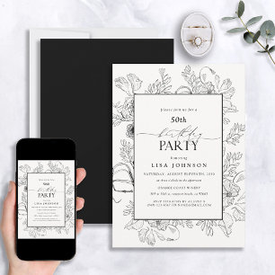 Convites Elegante Black White 50th Birthday Floral Line Art