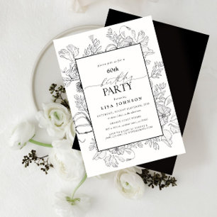Convites Elegante Black White 60th Birthday Floral Line Art