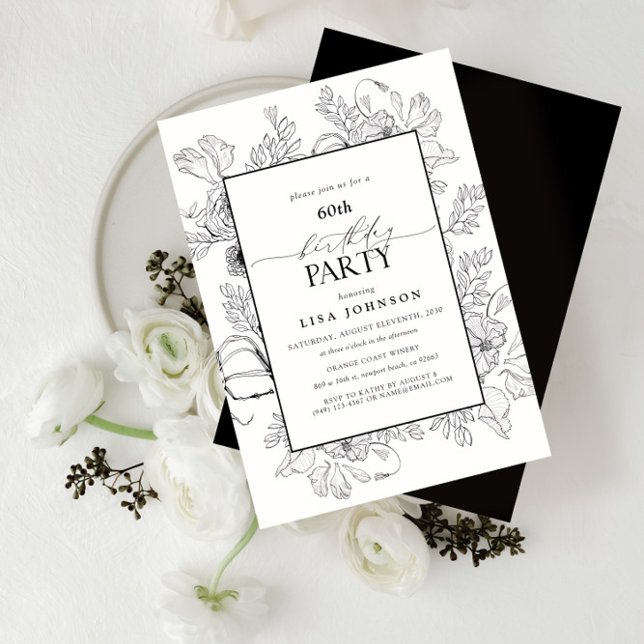 Convites Elegante Black White 60th Birthday Floral Line Art (Criador carregado)