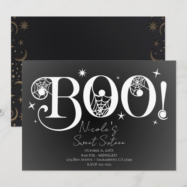 Convites Elegante Black White BOO Magical Halloween Sweet 1 (Frente/Verso)
