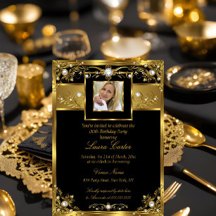 Convites Elegante Black White Pearl Foto Dourada Aniversári