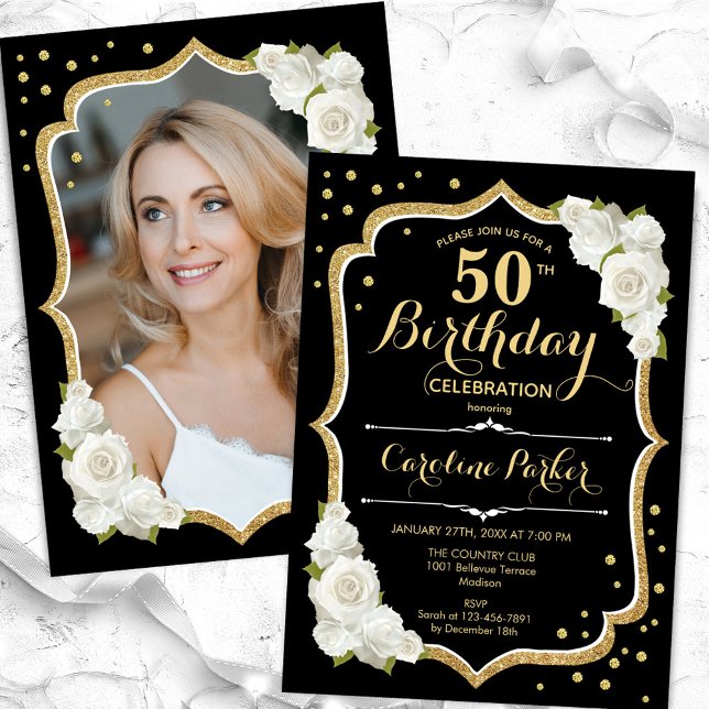 Convites Elegante Black White Photo 50th Birthday (Criador carregado)