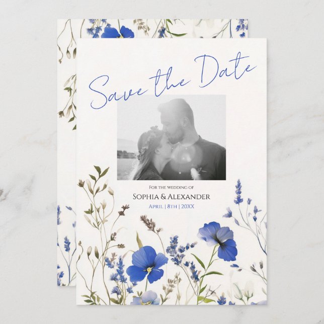 Convites Elegante Blue Boho Wildflores Foto para salvar a d (Frente/Verso)