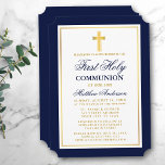 Convites Elegante Blue Cross First Santa Comunhão<br><div class="desc">Marinho Elegante Azul e Dourado Primeiro Convite à Comunidade com Cruz. Dourado quadro. Dourada Cruz.</div>