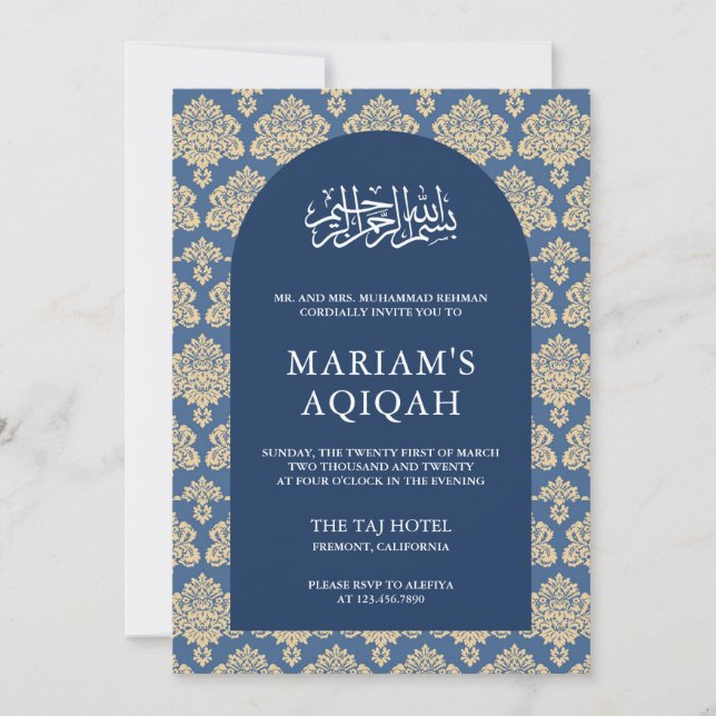 Convites Elegante Blue Damask Arabian Arch Aqiqah (Frente)