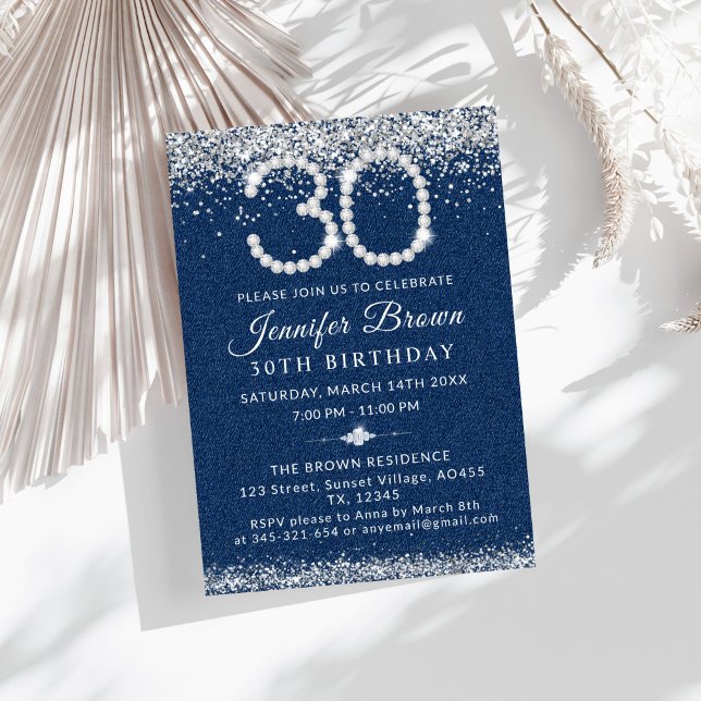 Convites Elegante Blue Denim e aniversário de 30 anos de Ou (Diamonds and Denim 30th Birthday Party Invitation)