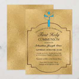 Convites Elegante Blue Dourado Cross First Communance