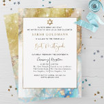 Convites Elegante Blue Dourado e Silver Celestial Bat Mitzv<br><div class="desc">Atraia amigos e família com este belo e elegante convite do Bat Mitzvah! Design com delicada cor d'água e fundo celeste de tinta em tons azuis, aqua, dourados e prateados, com estrelas cintilantes e borras douradas. Capacidade de adicionar seus detalhes de cerimônia e recepção, almoço, janto ou festa! Ideal para...</div>