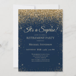 Convites Elegante Blue Dourado Surprise Retirement Party