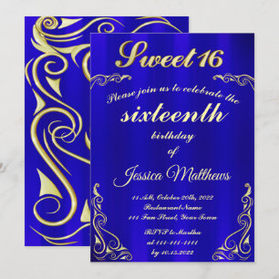 Convites Elegante Blue e Dourada Tipografia Sweet 16