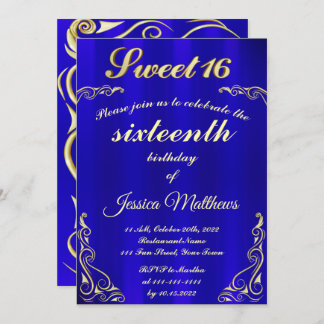 Convites Elegante Blue e Dourada Tipografia Sweet 16
