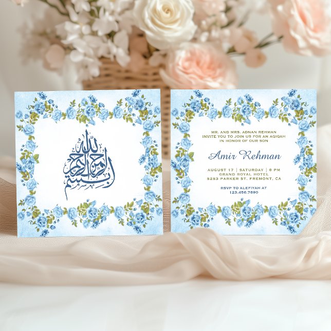 Convites Elegante Blue Floral Baby Boy Aqiqah (Criador carregado)