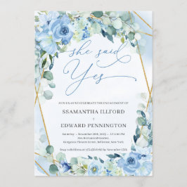 Convites Elegante Blue Floral Dourado Geométrico Ela Disse 
