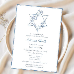 Convites Elegante Blue Floral Jewish Star Chic Bat Mitzvah