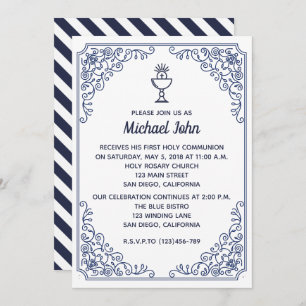 Convites Elegante Blue Flourish Noun First Communation