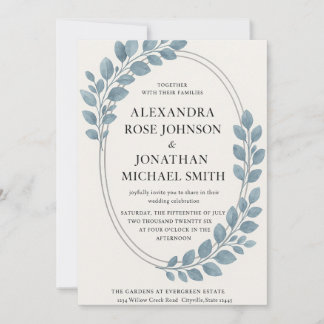 Convites Elegante Blue Greenery e Silver Oval Moderno