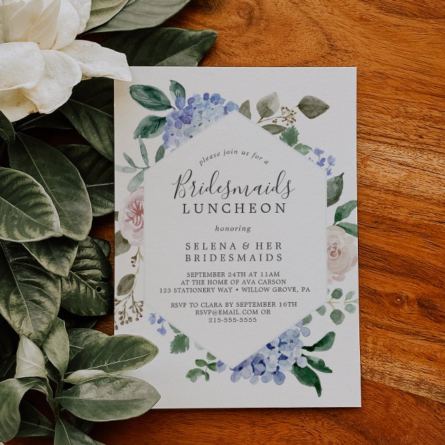 Convites Elegante Blue Hydrangea Bridesmaids Luncheon (Criador carregado)