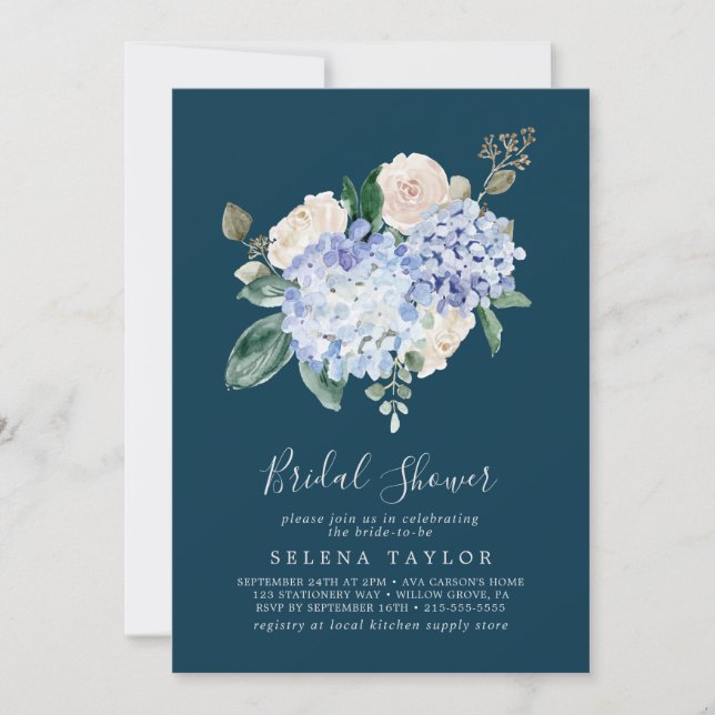 Convites Elegante Blue Hydrangea | CHÁ DE PANELA MARINHO (Frente)