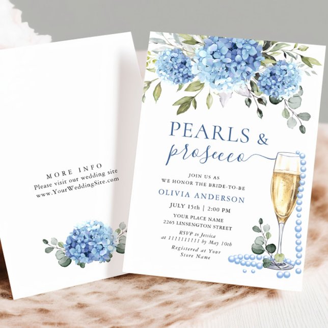 Convites Elegante Blue Hydrangea Floral PEARLS e Prosecco (Criador carregado)