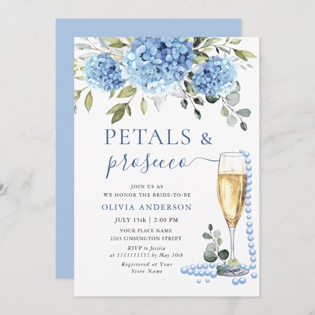 Convites Elegante Blue Hydrangea Floral PETALS & Prosecco (Frente/Verso)