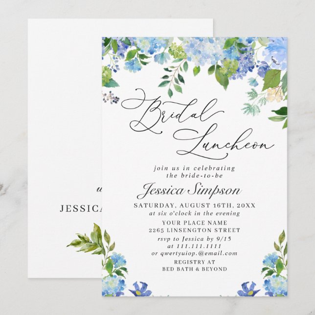 Convites Elegante Blue Hydrangea Watercolor Bridal (Frente/Verso)
