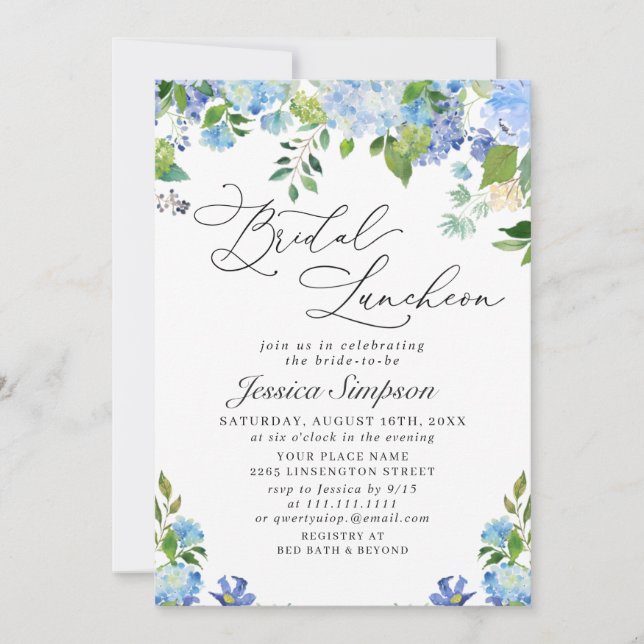 Convites Elegante Blue Hydrangea Watercolor Bridal (Frente)
